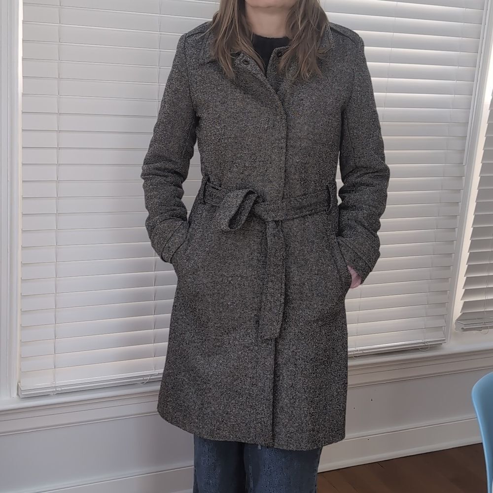 Vintage Old Navy grey tweed wool blend trench coat Y2K minimalist classic chic